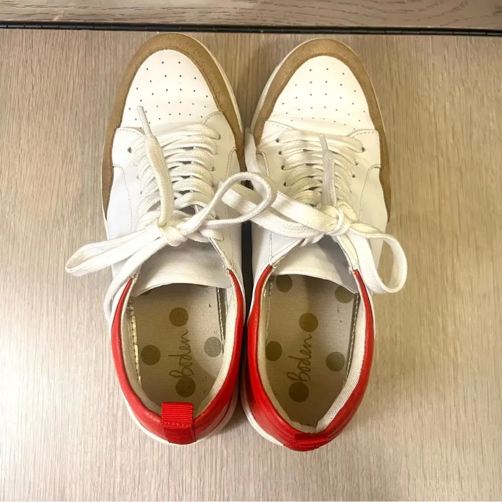 Boden White Tan Red Leather Suede Women Casual Trainers Size 8 EU 38